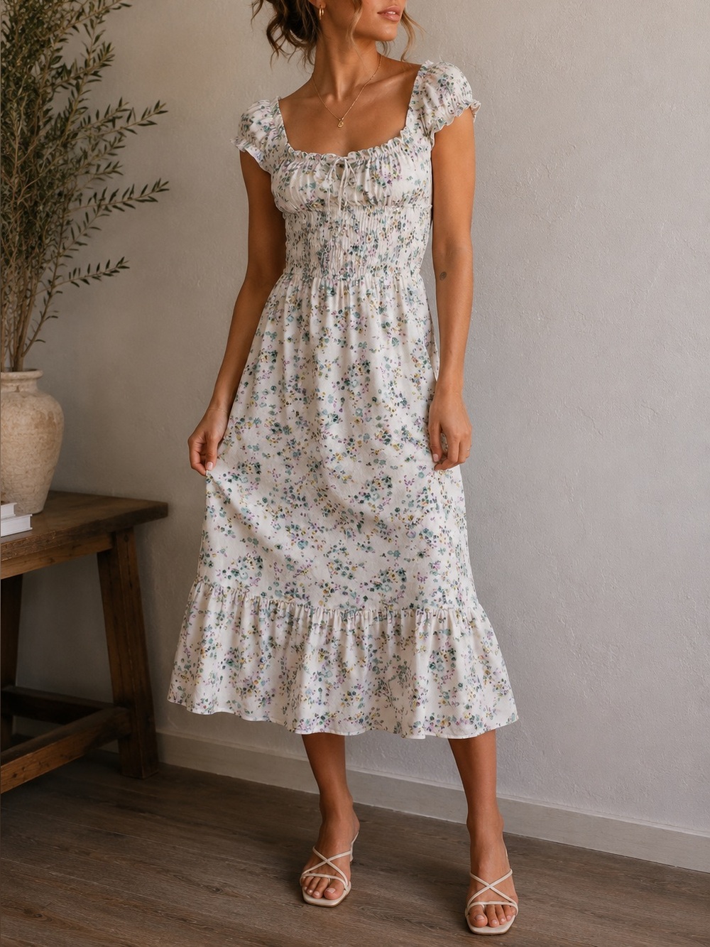 Heartloom Somerset Floral Smocked Midi Dress Cottagecore Milkmaid Cotton Sz S